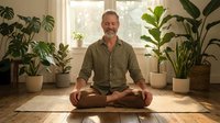 Mature Caucasian man practicing meditation in lotus position surrounded by houseplants in bright living room for wellness and mindfulness lifestyle.