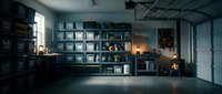 Modern industrial loft interior with metal shelving unit displaying books and decor items, concrete floors, exposed ceiling, warm ambient lighting.