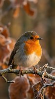 Small robin bird perched on frosty branch in autumn forest with orange breast feathers and warm bokeh background for nature photography projects.