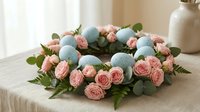 Easter wreath with blue speckled eggs and pink roses on rustic table for spring holiday decoration and seasonal home decor celebrations.