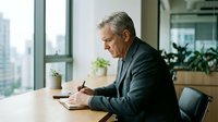 Senior male executive with gray hair and light complexion, wearing dark business suit, writing in notebook at modern office desk with city skyline view, suitable for corporate, business leadership, and professional development content.