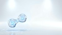 Two transparent blue spheres connected by a thin bridge against white background, representing molecular structure, atom bonding, or scientific concept for chemistry, nanotechnology, and research applications.