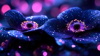 Dark purple anemone flowers with glowing neon centers and water drops against blurred bokeh background in mystical night garden atmosphere.