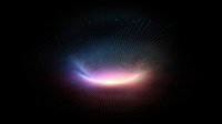 Futuristic digital tunnel with glowing pink and blue light effect on black background, abstract technology grid pattern creates depth perspective.