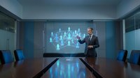 Professional businessman presenting global network hologram in modern conference room with blue lighting and sleek design for corporate presentations.