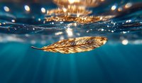 Golden autumn leaf floating underwater with sunlight streaming through turquoise water, creating magical bokeh effect and light rays in dreamy aquatic scene.