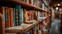 Vintage books arranged on wooden library shelves with warm lighting creating cozy academic atmosphere for education and literature concepts.