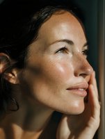 Close-up profile portrait of young Asian woman with freckles and natural makeup touching her face gently while basking in warm sunlight, expressing serenity.
