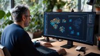 Mature male scientist analyzing molecular structure data on computer screen in bright workspace with plants.