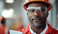 Confident Black male engineer in orange hard hat and safety glasses holding digital tablet at industrial workplace.