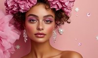 Young mixed race woman with curly hair wearing pink floral headpiece and crystal earrings against pink background with floating hearts and sparkles. Glamorous makeup look.