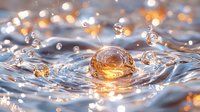 Golden water drop splash creating ripples and circles on liquid surface with magical bokeh lights and floating droplets in warm sunset colors.