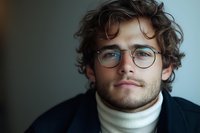 Young Caucasian man with curly brown hair wearing glasses and turtleneck sweater looking at camera with confident expression against blurred background.