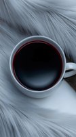 White ceramic cup filled with dark red wine or coffee on soft gray fur background, creating minimalist contrast and luxurious mood for lifestyle content.