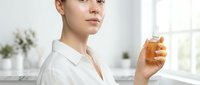 Young Caucasian woman in white shirt holding glass of orange juice in modern kitchen interior for healthy lifestyle and nutrition concepts.