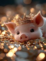 Adorable pink piglet wearing golden crown lying on shimmering coins with magical bokeh lights in background, creating fairy tale atmosphere for children's book design.