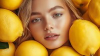 Young Caucasian woman with natural makeup and blonde hair surrounded by fresh yellow lemons, beauty and skincare concept with citrus fruits, vitamin C cosmetics.