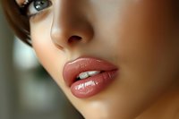 Close up of glossy pink lips and partial face showing bright blue eye and smooth skin, artistic beauty portrait with soft focus and natural lighting.