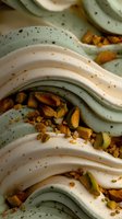 Creamy swirls of pistachio and vanilla soft serve ice cream topped with crushed nuts and spices in macro photography, showing detailed texture and layers.