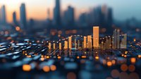 Futuristic cityscape visualization with glowing data bars rising from circuit board surface against blurred urban skyline background at sunset. Digital transformation concept.