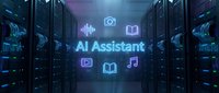 Modern data center server room with glowing AI Assistant holographic interface and digital icons floating in futuristic technology environment.