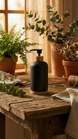 Matte black pump dispenser with bamboo accents on rustic wooden table, surrounded by green plants in warm natural light.