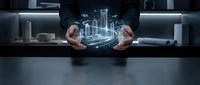Businessman hands protecting holographic financial charts and graphs in modern office environment for investment analysis and data visualization.