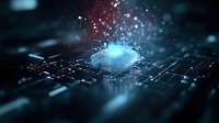 Glowing microchip on dark circuit board with blue light effects and particles, representing artificial intelligence and quantum computing technology.