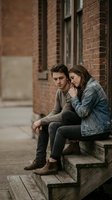 Young couple sitting together on wooden steps outside brick building sharing intimate moment in urban setting for relationship and lifestyle content.