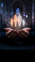 Hands holding glowing family silhouettes with sparkling lights representing protection, care and unity in dark atmospheric setting for insurance concepts.