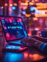 Laptop screen displaying e-learning interface with neon lights and bokeh background, modern workspace setup with coffee cup, cyberpunk atmosphere in purple and blue tones.