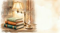Stacked vintage books with brass swing arm lamp and teacup on wooden desk, warm library setting for education and reading concepts.