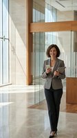 Professional Asian businesswoman with smartphone and tablet walking in modern corporate office lobby with glass walls and natural lighting.