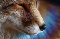 Close up macro shot of red fox face with closed eyes showing peaceful expression and detailed fur texture against blurred colorful background.