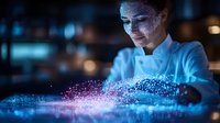Young female chef in white uniform working with innovative holographic interface displaying glowing blue and purple particles in dark restaurant kitchen.