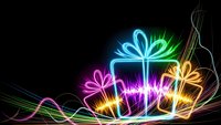 Vibrant neon gift boxes with glowing ribbons and flowing light trails on black background for holiday celebrations and festive occasions.