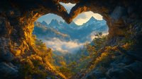 Heart-shaped cave opening frames majestic mountain peaks at sunrise, with misty clouds floating through golden-lit forest valley and dramatic rocky landscape.