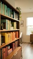 Organized wooden bookshelf with colorful books arranged by color gradient from green to red, featuring plants and decorative objects in modern home interior.