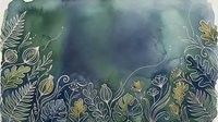 Watercolor botanical border with hand-drawn foliage, ferns, and wildflowers in muted green and gold tones on textured background. Suitable for invitations, stationery, and design projects.
