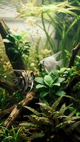 Freshwater aquarium with striped and white angelfish swimming among driftwood, aquatic plants, and green vegetation. Suitable for pet care, aquascaping, and aquarium hobby content.