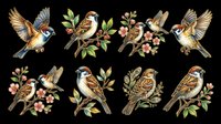 Vintage birds with flowering branches and foliage, isolated on transparent background. Ready for t-shirt designs, clipart, stickers, sublimation, print-on-demand products, and digital crafts.