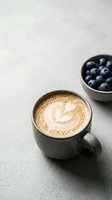 Cappuccino with latte art in gray ceramic mug alongside bowl of fresh blueberries on light concrete surface, perfect for cafe, breakfast, and beverage marketing.