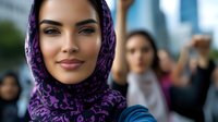 Young Middle Eastern woman wearing purple hijab smiling confidently at camera during urban protest or demonstration, with crowd of female activists in background.