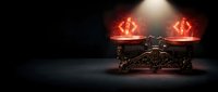 Ancient ornate scales of justice with burning flames on both sides against dark dramatic background for legal and law concepts.
