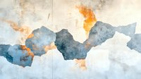 Abstract watercolor mountain landscape in muted blue and orange tones, featuring soft blending and organic shapes against white background, creating serene artistic composition.