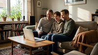 Three men sitting together on couch using laptop computer in cozy living room with natural sunlight streaming through window creating warm atmosphere.
