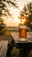 Cold beer mug on wooden picnic table at golden hour sunset with blurred trees and countryside landscape creating warm atmospheric outdoor dining scene.