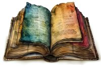 Vintage open book with colorful watercolor pages in blue, yellow and red tones showing aged paper texture and mysterious text, magical fantasy concept for storytelling.