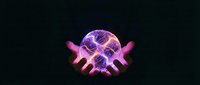 Glowing purple sphere with neon pink hands cupping it against dark background, representing energy transfer, technology, innovation, and future concepts for digital design projects.