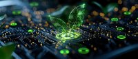 Glowing green digital plant sprouting from computer circuit board with bokeh lights, representing sustainable technology and green computing solutions.